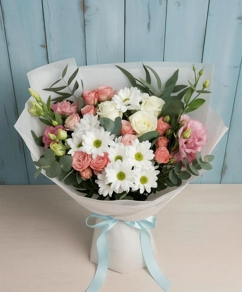 Букет цветов из: Розы, Лизиантусы и Хризантемы в Бутырке