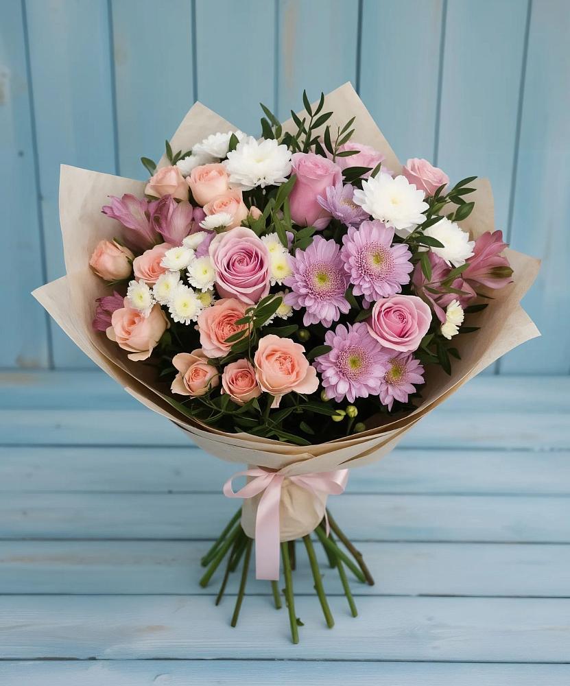 Букет цветов из: Хризантемы, Розы и Альстромерии в Бутырке