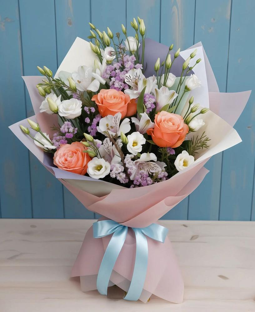 Букет цветов из: Лизиантусы, Розы, Альстромерии и Гипсофила в Бутырке