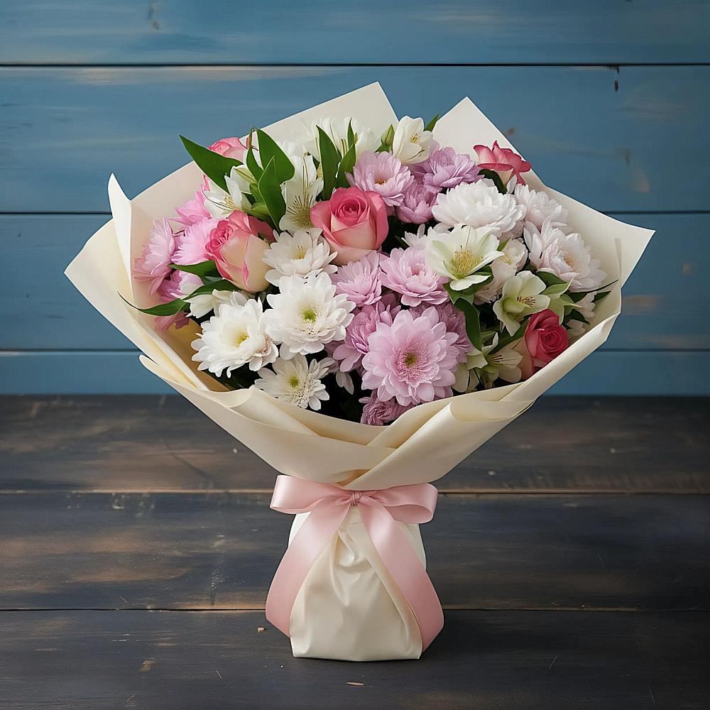 Букет цветов из: Хризантемы, Альстромерии и Розы в Бутырке